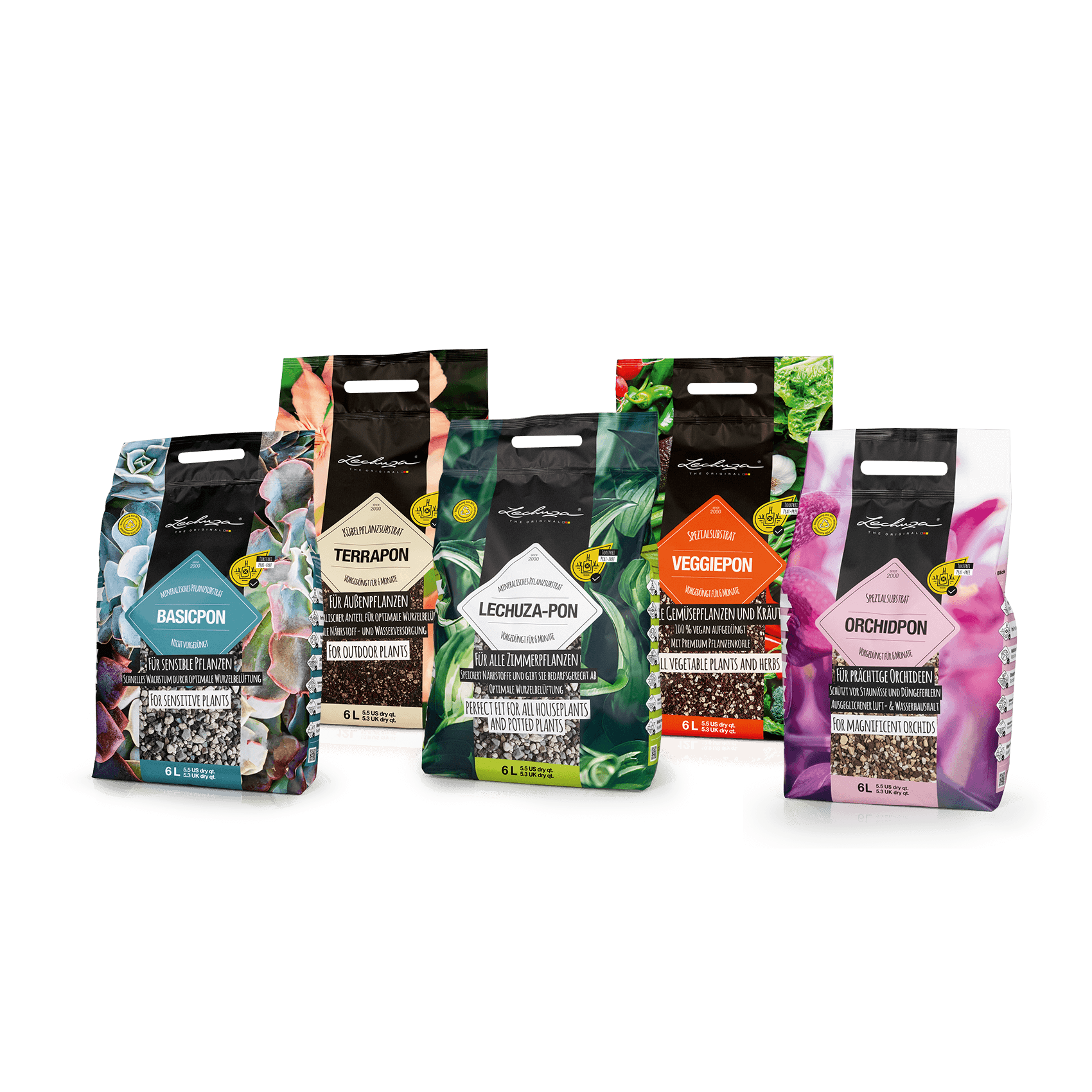 Pflanzsubstrate LECHUZA-PON + TERRAPON + BASICPON + ORCHIDPON + VEGGIEPON (je 6 Liter)*