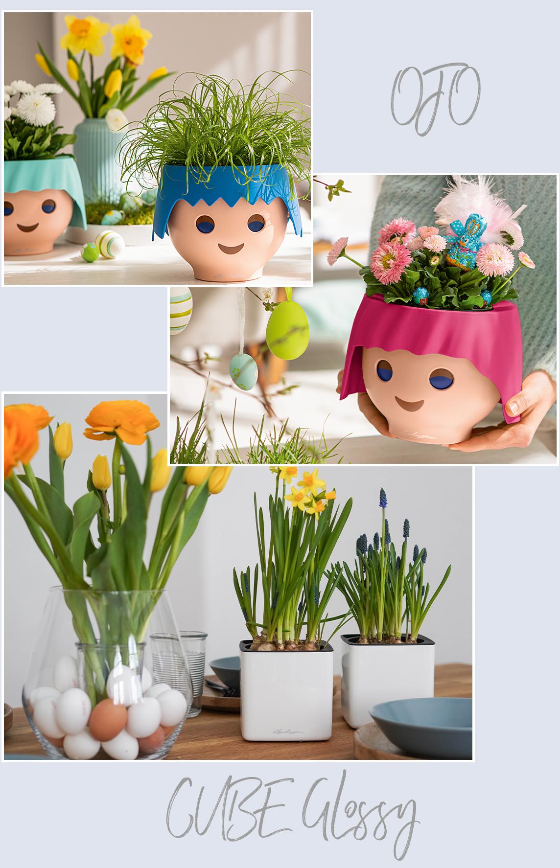 'Цветочные кашпо LECHUZA в форме голов Playmobil с посаженными в них беллисами и декорированные в пасхальном стиле