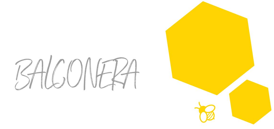 Schriftzug BALCONERA mit zwei Waben und einer Biene