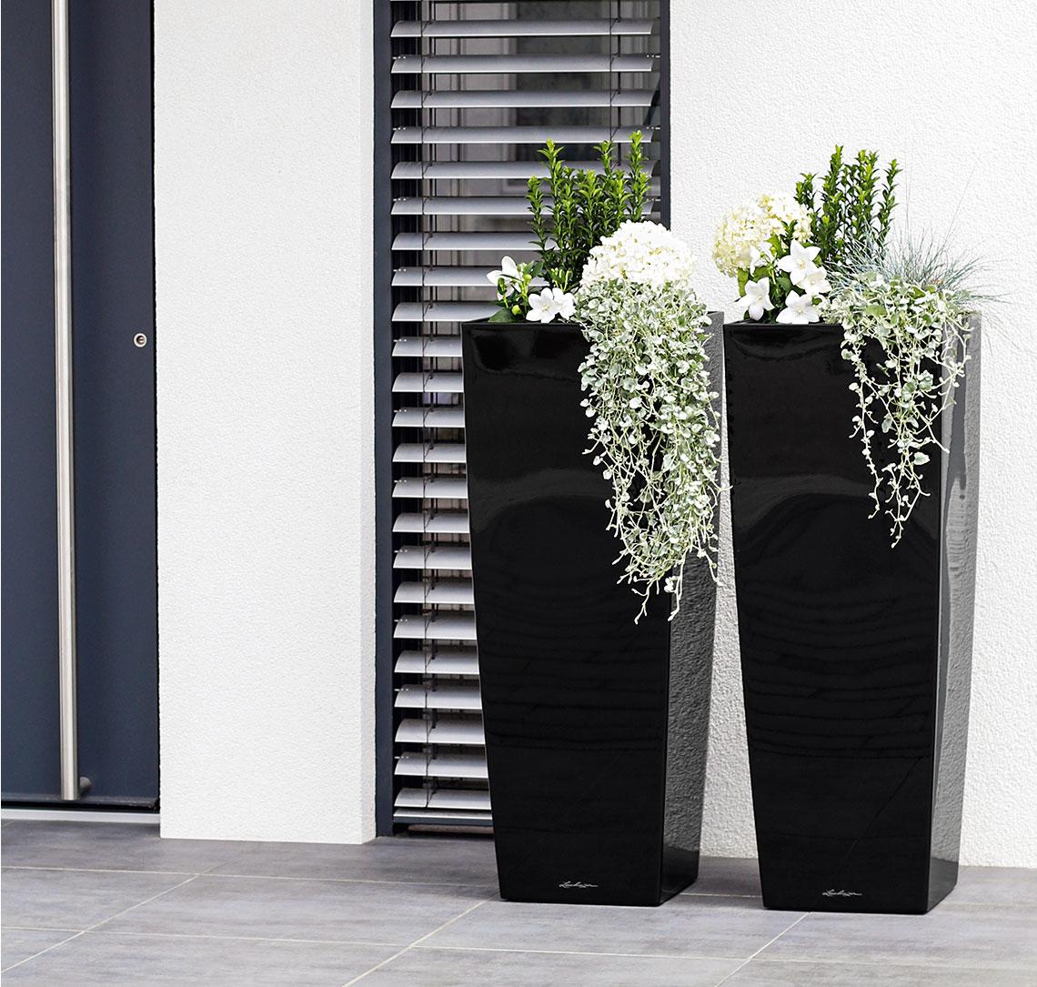 Δύο high gloss μαύρες CUBICO Alto με λευκά λουλούδια μπροστά στην είσοδο ενός μοντέρνου σπιτιού.