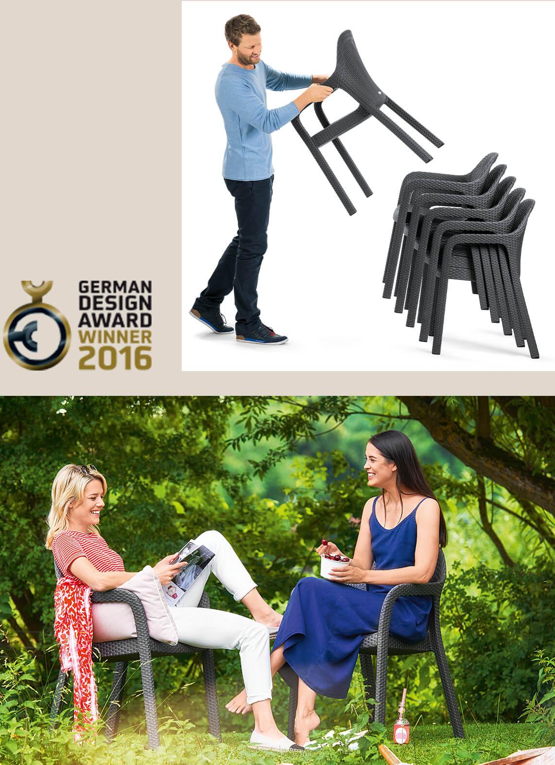 'Bild oben: Abbildung German Design Award und daneben: Junger Mann stapelt ganz einfach mehrere LECHUZA Stühle übereinander. Bild unten: Zwei Freundinnen sitzen auf Stühlen auf der Wiese unter einem Baum