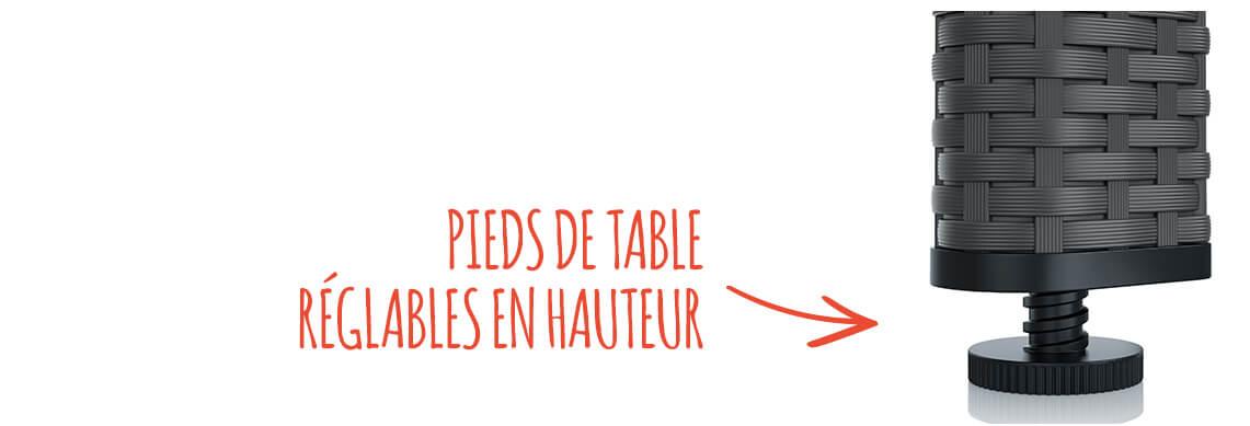 Pied de table réglable en hauteur grâce à la vis rotative à l'extrémité du pied