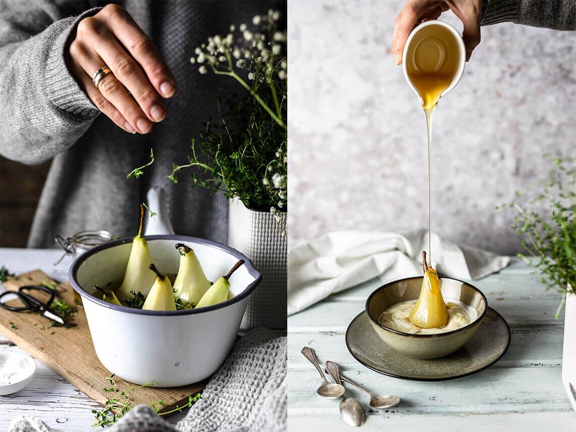 Poached pears with thyme and Greek yoghurt