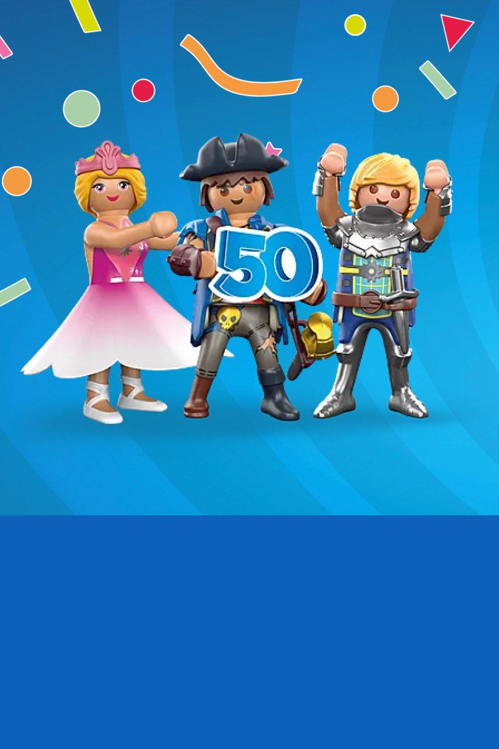 Playmobil Figuren mit einer gro&szlig;en 50 auf blauem Hintergrund mit Confetti