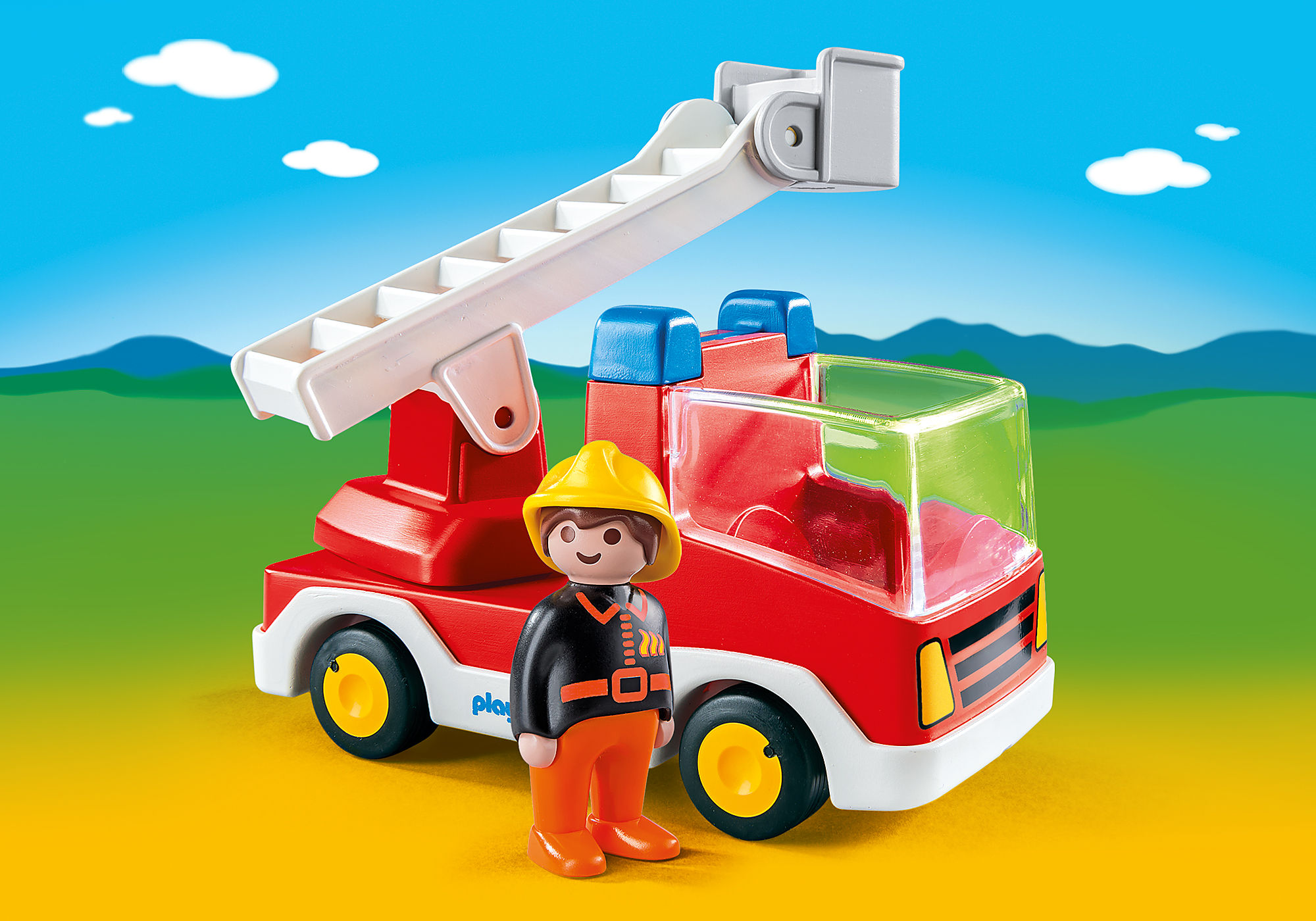 ② Grand camion de pompiers PLAymobil avec échelle et sirène