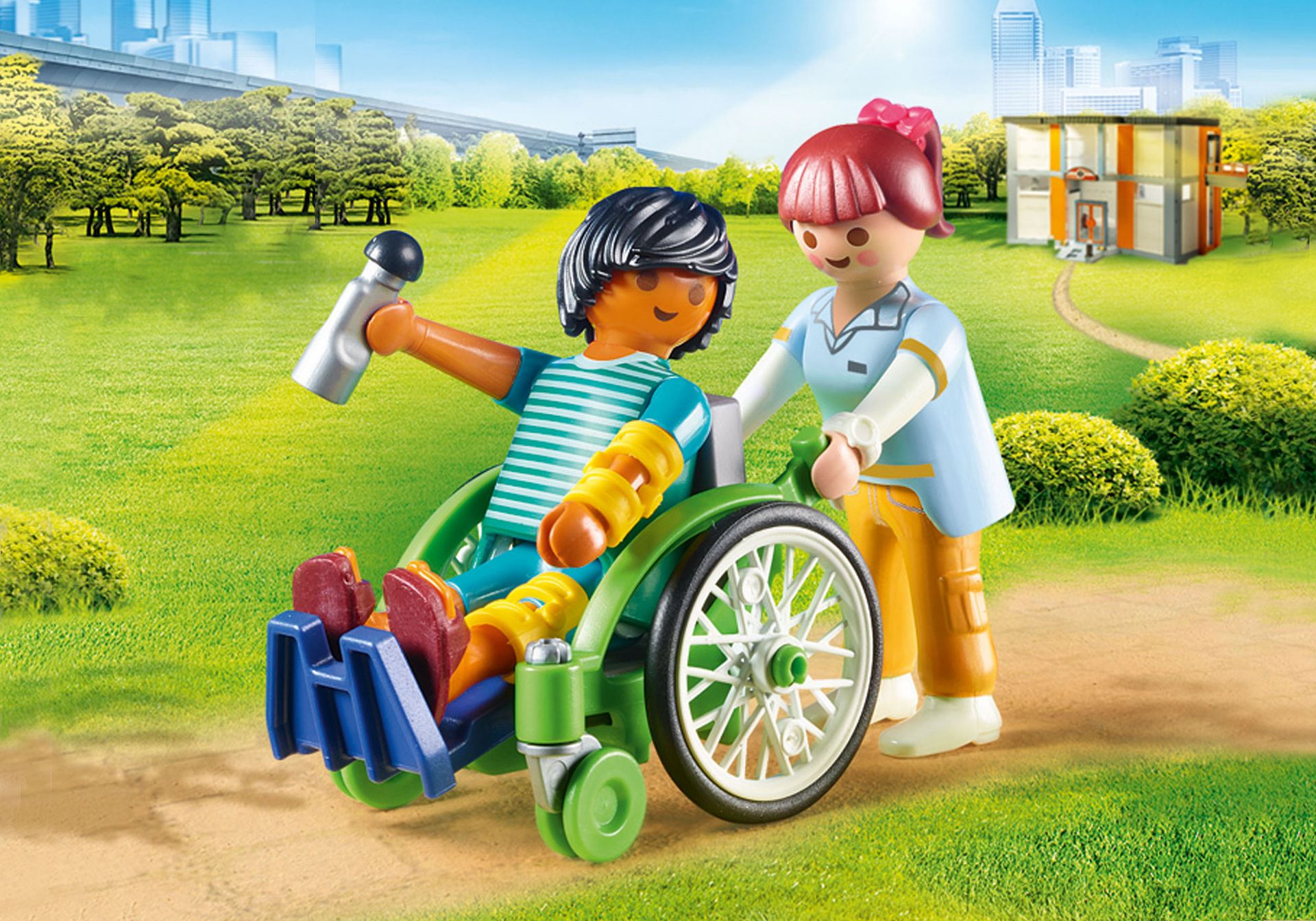 PLAYMOBIL City 6663 Vater Pfleger mit Kind im Rollstuhl Gips-Verband Puppe  NEU 