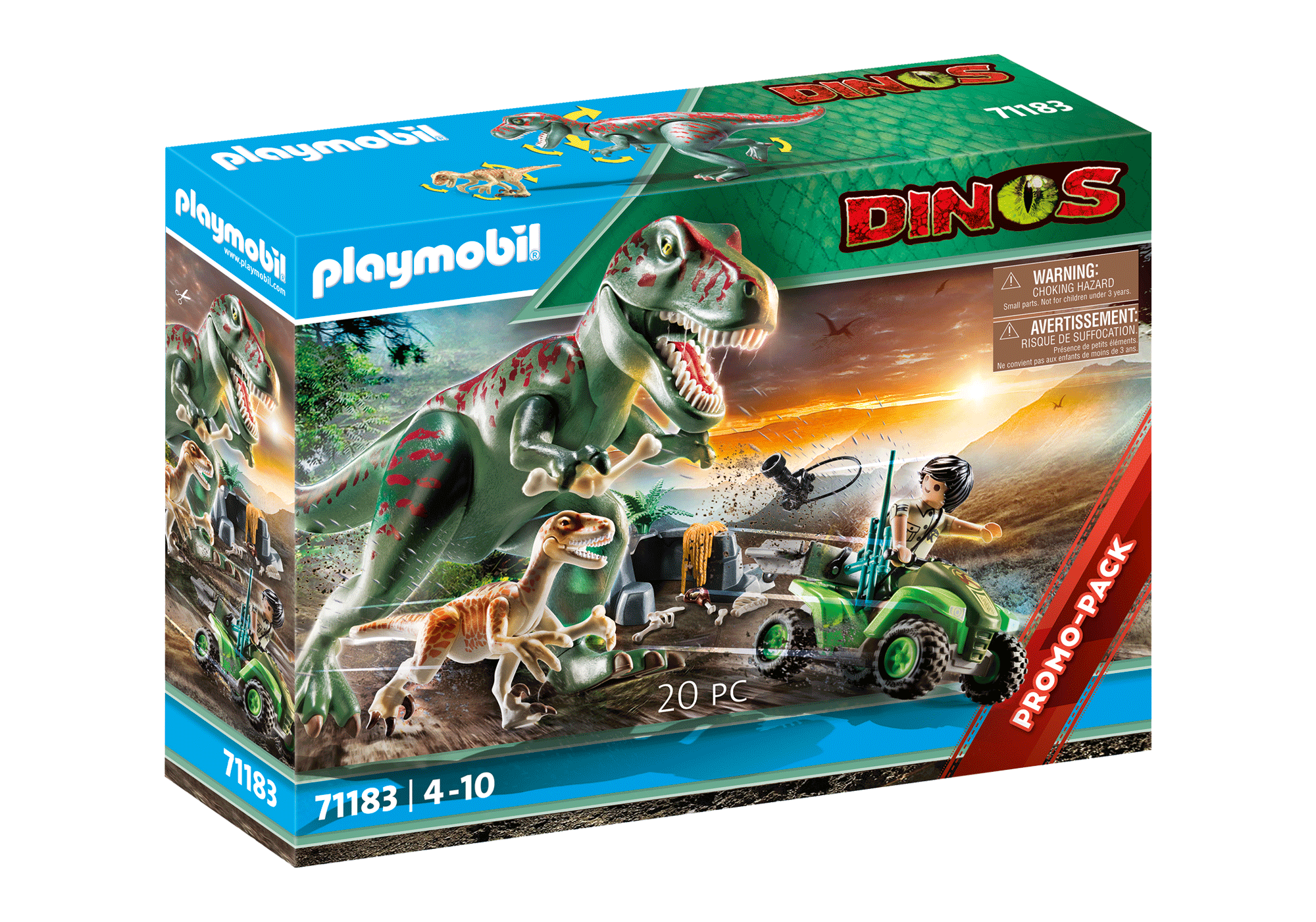explorateur avec quad et dinosaures