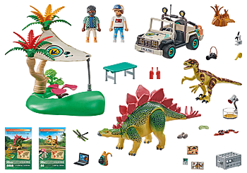 Two movable dinosaur figures included