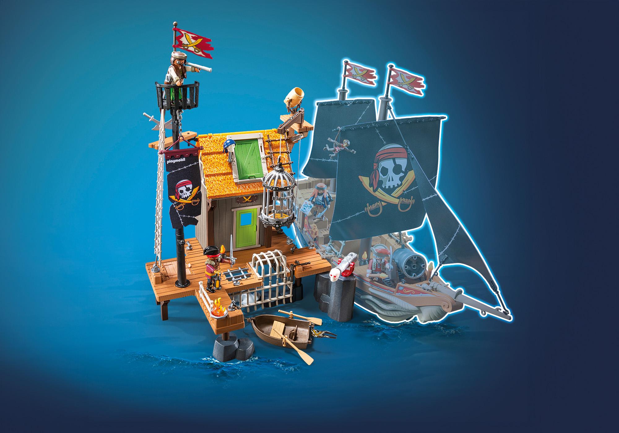 PLAYMOBIL Piratenhafen mit Seer&auml;uber-Gef&auml;ngnis, K&auml;figfalle, Kr&auml;hennest und Piratenschiff &ndash; detailreiches Piraten Spielzeug ab 4 Jahren f&uuml;r actionreiche Rollenspiele