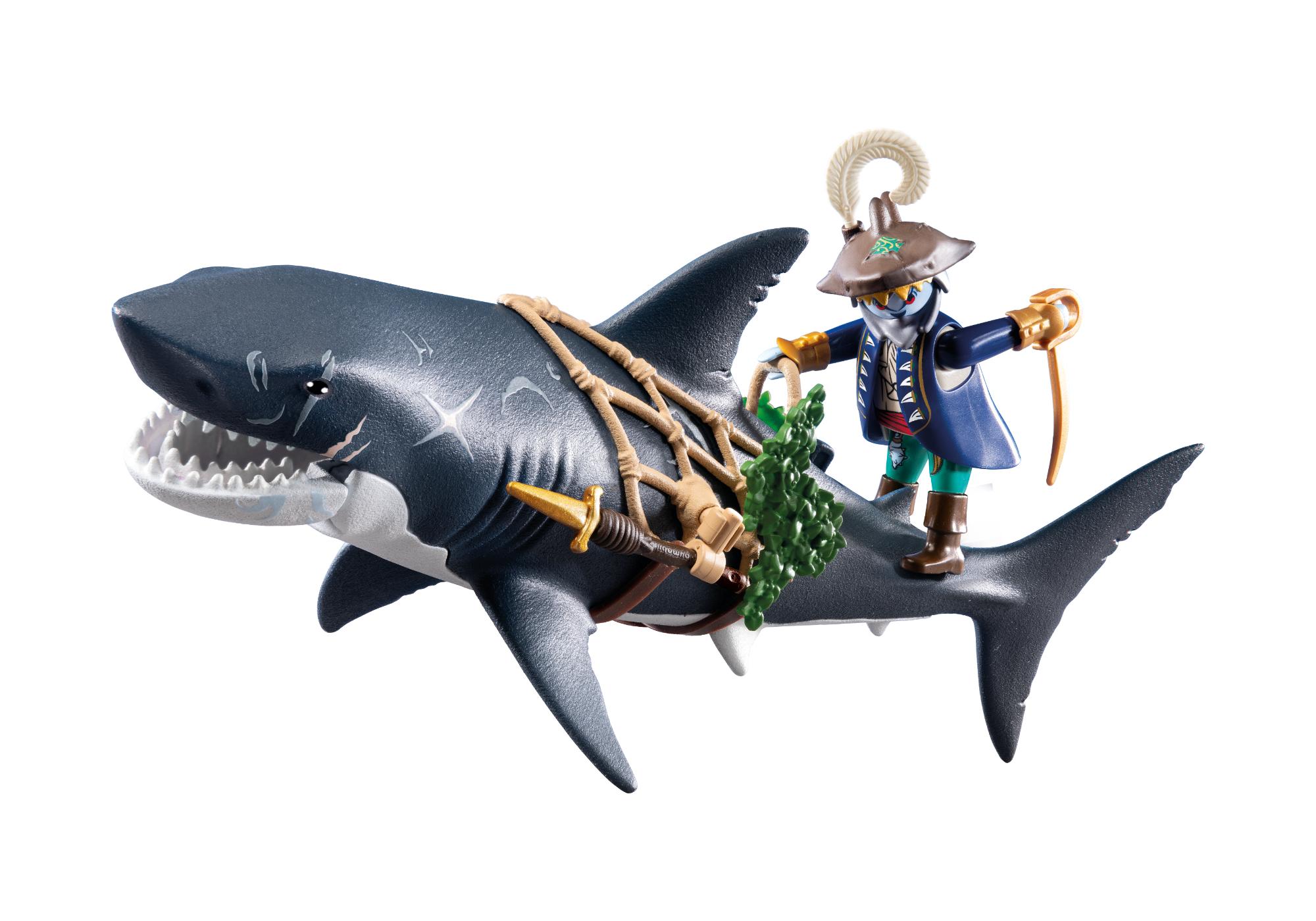 PLAYMOBIL Riesenhai mit Hai-Pirat auf dem R&uuml;cken, Netz und Ausr&uuml;stung &ndash; actionreiches Piraten Spielzeug ab 4 Jahren aus der Welt der Playmobil Piraten