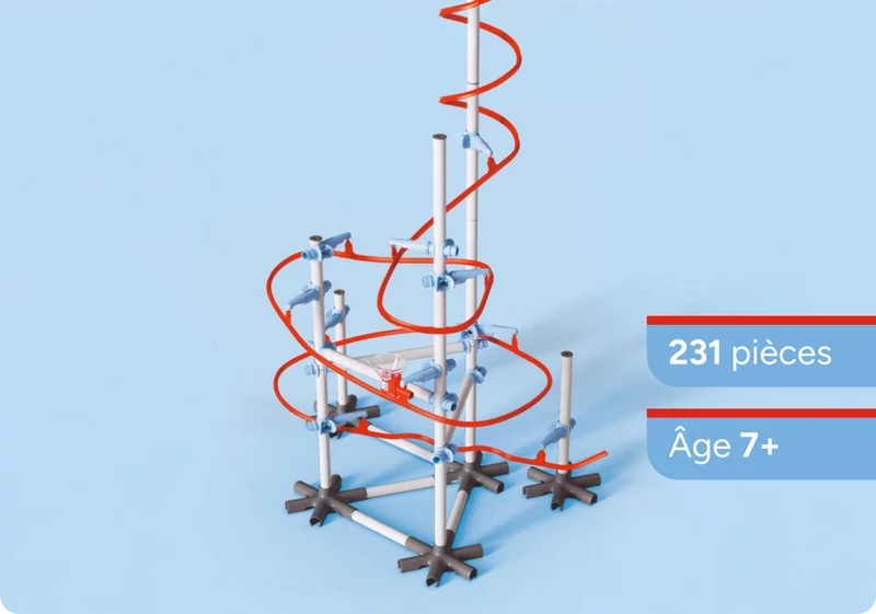 Piste SKY TRAILS avec éléments courbés fixée au bord d'une table - jouet de construction créatif pour enfants dès 7 ans.
