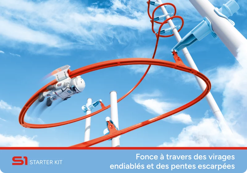 Plusieurs connecteurs avec éléments de piste rouges du set SKY TRAILS - accessoires de construction créatifs pour enfants dès 7 ans.