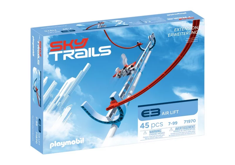 Visão geral de todas as peças do conjunto de expansão SKY TRAILS Air Lift com 45 elementos – brinquedo de construção criativo para crianças a partir dos 7 anos.
