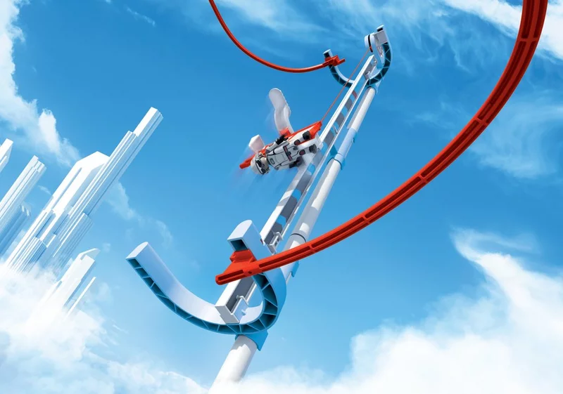 Figura de astronauta sobe uma rampa íngreme com o módulo SKY TRAILS Air Lift – brinquedo de construção espacial para crianças a partir dos 7 anos.