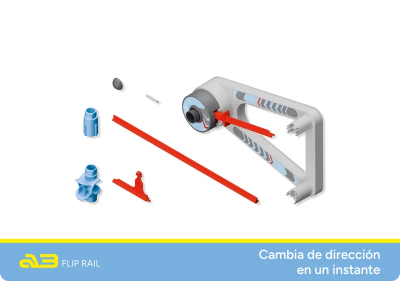 Einzelteile des Flip Rail Sets. Einzelteile des SKY TRAILS Flip Rail Sets mit Schienenelementen, Verbindungsteilen und Mechanikmodul