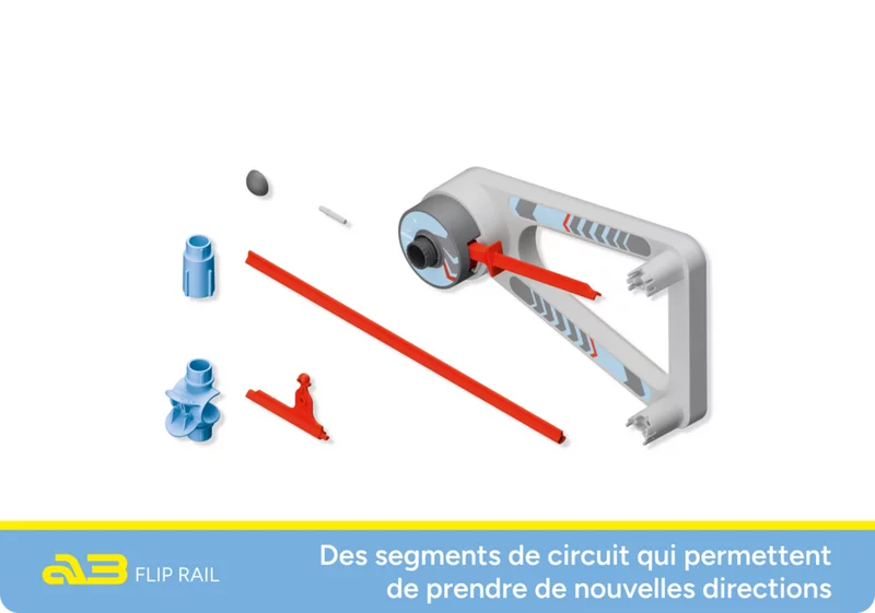 Composants du set SKY TRAILS Flip Rail avec éléments de piste, pièces de connexion et module mécanique - jouet de construction spatial pour enfants dès 7 ans.