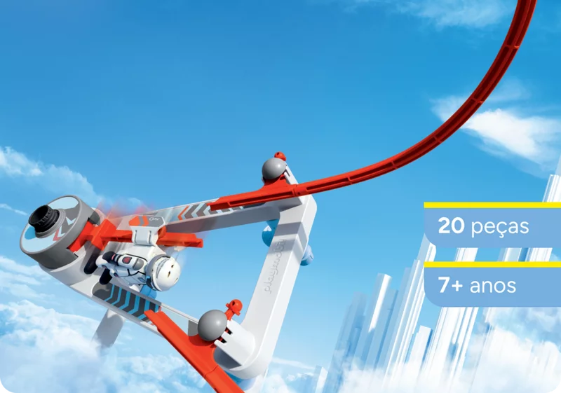 Astronauta na pista Flip Rail. Figura de astronauta voa na pista SKY TRAILS Flip Rail com mudança imediata de direção – brinquedo de construção espacial para crianças a partir dos 7 anos.