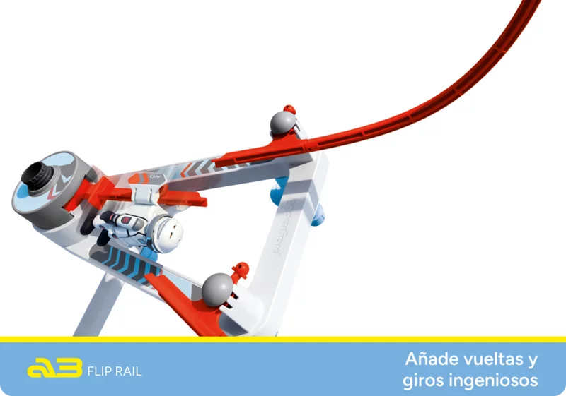 Nahaufnahme der Flip Rail Funktion mit Astronautenfigur und scharfer Kurve ? Teil des SKY TRAILS Bausets 