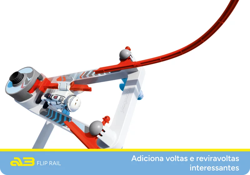 Close-up da função Flip Rail com figura de astronauta e curva acentuada – parte do conjunto de construção SKY TRAILS para crianças a partir dos 7 anos.