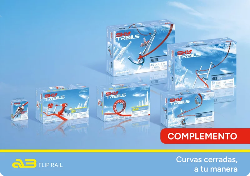 Produktübersicht mit Flip Rail Erweiterung im Vordergrund. SKY TRAILS Produktsortiment mit Flip Rail Erweiterung im Vordergrund ? Geschenkidee für Kinder ab 7 Jahren