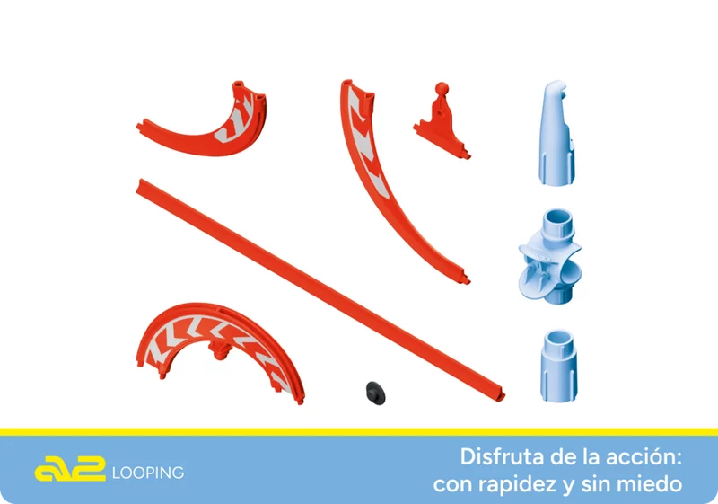 Einzelteile des Looping-Sets von SKY TRAILS, inklusive gebogener und gerader Rennbahnelemente in Rot und Blau ? spannendes Erweiterungs-Bauset für Kinder ab 7 Jahren