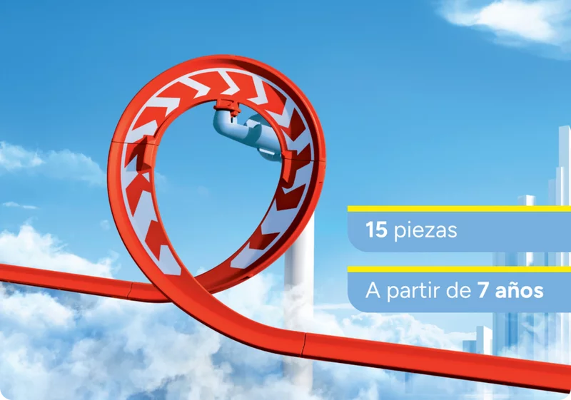 Looping-Action in luftiger Höhe. Nahaufnahme eines roten Loopings mit Pfeilmarkierungen aus dem SKY TRAILS Bauset ? perfekt für actionreiches Konstruktionsspielzeug ab 7 Jahren mit Weltraum-Feeling