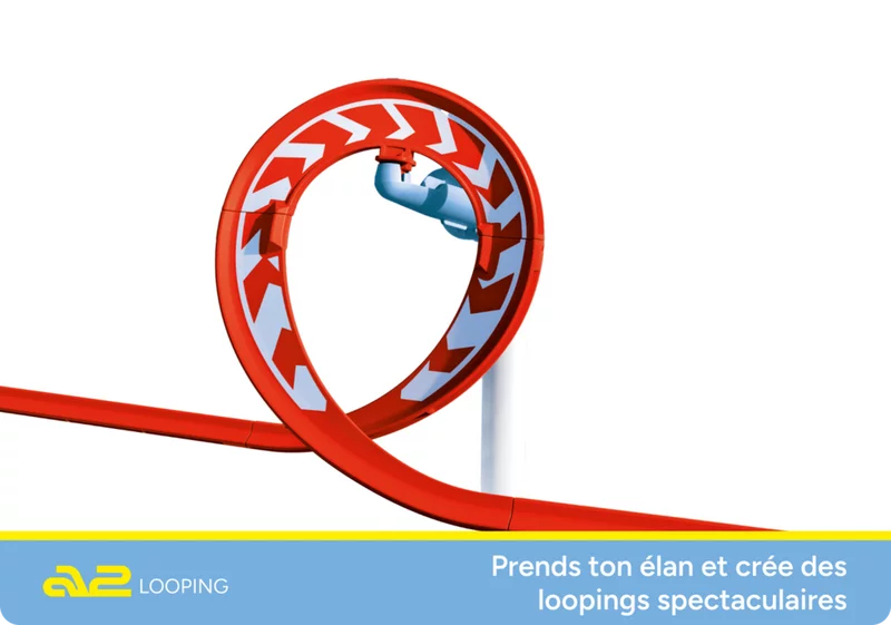 Seitenansicht eines aufgebauten SKY TRAILS Loopings mit roter Bahn und blauem Verbindungselement 