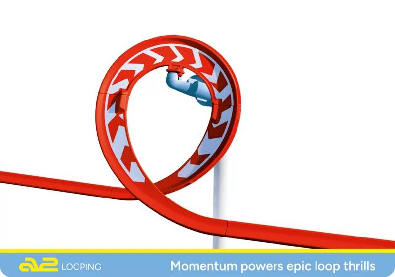 Side view of an assembled SKY TRAILS loop with red track and blue connector element - creative construction toy for kids ages 7 and up.