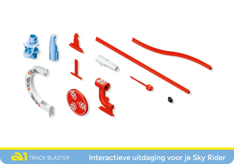 Overzicht van alle onderdelen van de SKY TRAILS Track Blaster uitbreidingsset - spannend constructiespeelgoed voor kinderen vanaf 7 jaar.