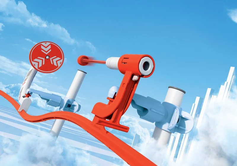 Módulo de disparo Track Blaster vermelho com alvo montado na pista.