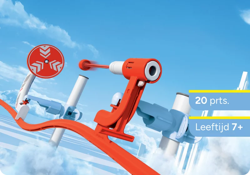 Rood Track Blaster lanceermodule met doel gemonteerd op de baan.