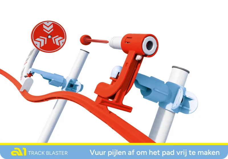 Track Blaster lanceerhelling met doelwit op gebogen SKY TRAILS rail - actievol constructiespeelgoed voor kinderen vanaf 7 jaar.