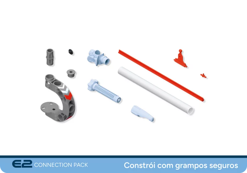 Peças individuais do SKY TRAILS Connection Pack, incluindo grampos, hastes, conectores e trilhos – acessórios criativos para a pista espacial. 