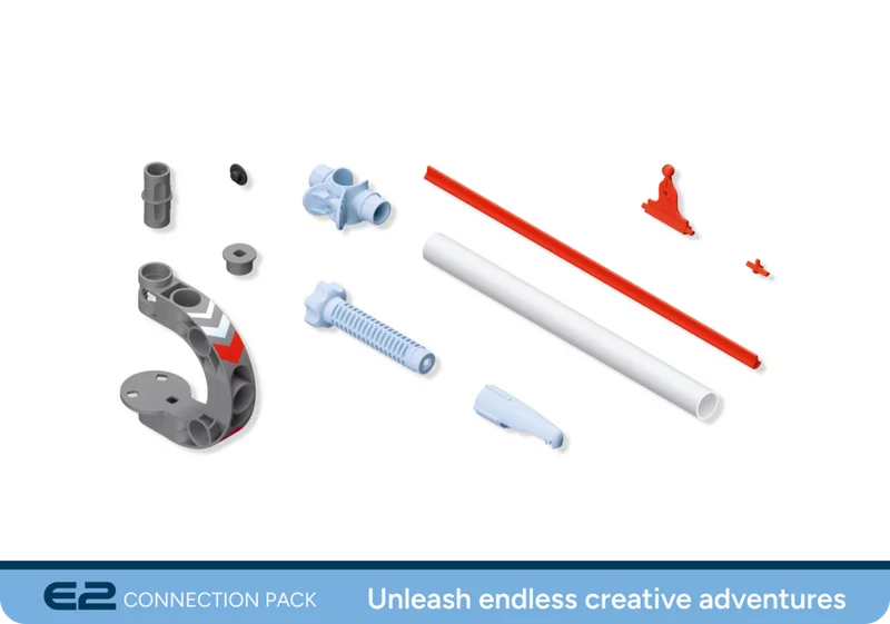 Components of the SKY TRAILS Connection Pack, including clamps, rods, snap connectors, and track pieces - creative accessories for space-themed track builds.