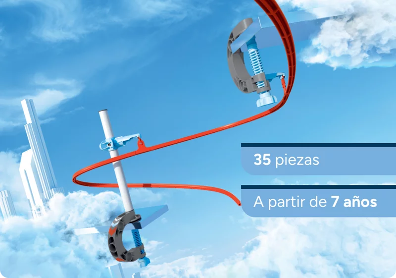 Verbindungsklemmen auf roter Strecke im Himmel. Rote SKY TRAILS Strecke mit Klemmelementen, befestigt an Tischkante und Stützstange ? ideales Konstruktionsspielzeug ab 7 Jahren