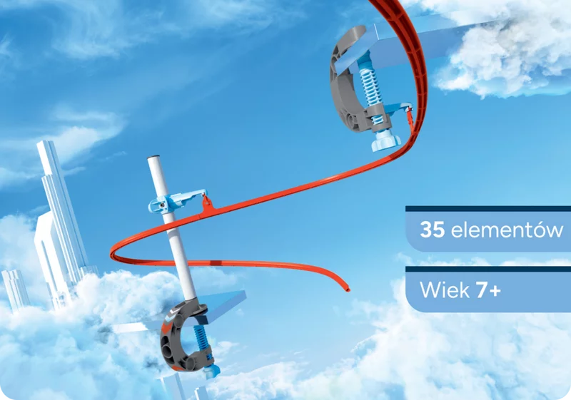 Zczki na czerwonym torze Sky Trails - zamocowane do stou i wspornika. Zestaw konstrukcyjny dla dzieci od 7 lat