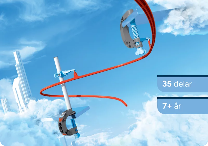 Anslutningsklämmor på röd SKY TRAILS-bana, fästa vid bordskant och stödstång – perfekt byggleksak för barn från 7 år.