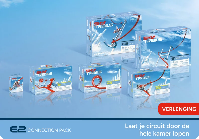 SKY TRAILS productselectie met de Connection Pack in het midden - perfecte uitbreidingsset voor bouwplezier in de hele kamer, geschikt voor kinderen vanaf 7 jaar.
