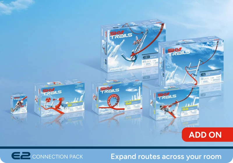 SKY TRAILS product selection featuring the Connection Pack in the center - perfect expansion set for construction fun all around the room.