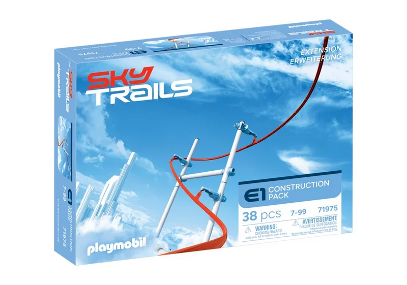 Onderdelen van de SKY TRAILS E1 Construction Pack: staven, klikmodules en verbindingsstukken - perfect voor het maken van unieke baancombinaties in de kinderkamer, voor kinderen vanaf 7 jaar.
