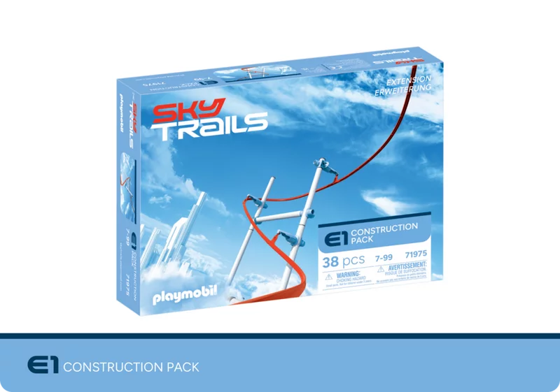 Einzelteile des Construction Packs. Bauteile des SKY TRAILS E1 Sets: Stangen, Steckmodule, Verbindungselemente ? perfekt für individuelle Streckenkombinationen im Kinderzimmer