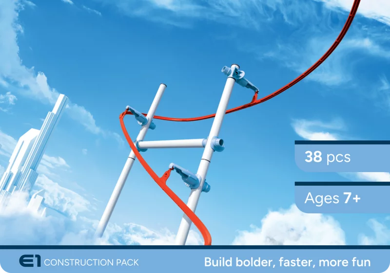 Verpackung des Construction Packs. SKY TRAILS E1 Construction Pack mit 38 Teilen ? Erweiterungsset für wilde und abwechslungsreiche Streckenführungen ab 7 Jahren