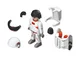 Einzelteile der Rennfigur Sky Rider. Nahaufnahme der zerlegten SKY TRAILS Sky Rider Figur mit Helm, Jetpack und weiteren Bauteilen ? Konstruktionsspielzeug mit Weltraum-Design