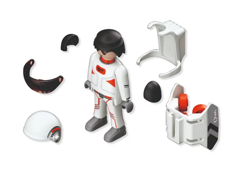 Einzelteile der Rennfigur Sky Rider. Nahaufnahme der zerlegten SKY TRAILS Sky Rider Figur mit Helm, Jetpack und weiteren Bauteilen ? Konstruktionsspielzeug mit Weltraum-Design