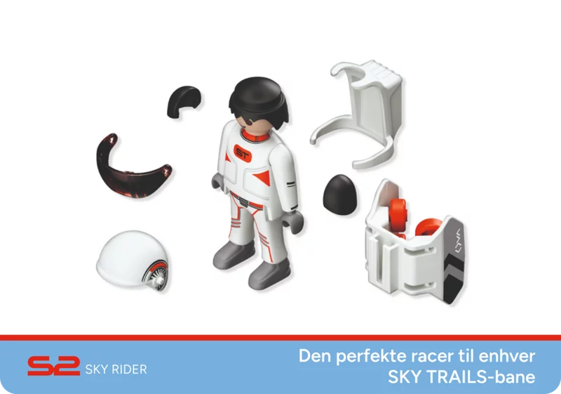Dele af racerkørerfiguren Sky Rider. Nærbillede af den adskilte SKY TRAILS Sky Rider figur med hjelm, jetpack og andre dele – byggesæt med rumdesign til børn fra 7 år.