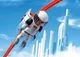 Astronautenfigur auf Strecke mit futuristischem Hintergrund. Astronautenfigur mit Jetpack auf roter Sky Trails Schiene vor futuristischer Skyline ? Konstruktionsspielzeug ab 7 Jahren mit Weltraumthema