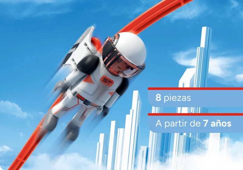Astronautenfigur auf Strecke mit futuristischem Hintergrund. Astronautenfigur mit Jetpack auf roter Sky Trails Schiene vor futuristischer Skyline ? Konstruktionsspielzeug ab 7 Jahren mit Weltraumthema