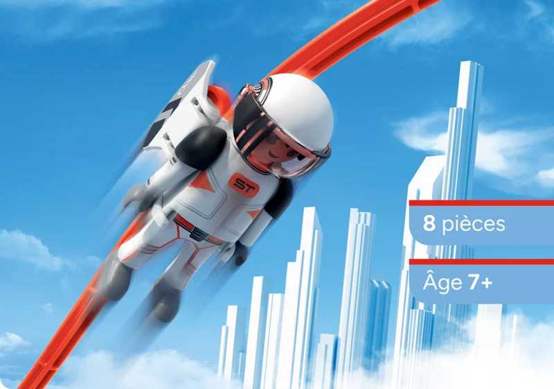 Astronautenfigur auf Strecke mit futuristischem Hintergrund. Astronautenfigur mit Jetpack auf roter Sky Trails Schiene vor futuristischer Skyline ? Konstruktionsspielzeug ab 7 Jahren mit Weltraumthema