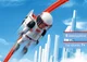 Φιγούρα αστροναύτη με jetpack πάνω σε κόκκινη ράγα SKY TRAILS μπροστά από μελλοντική πόλη – παιχνίδι κατασκευών με διαστημικό θέμα για παιδιά από 7 ετών.
