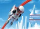 Astronaut z plecakiem odrzutowym na czerwonym torze Sky Trails - z futurystyczn sceneri w tle. Zabawa dla dzieci od 7 lat